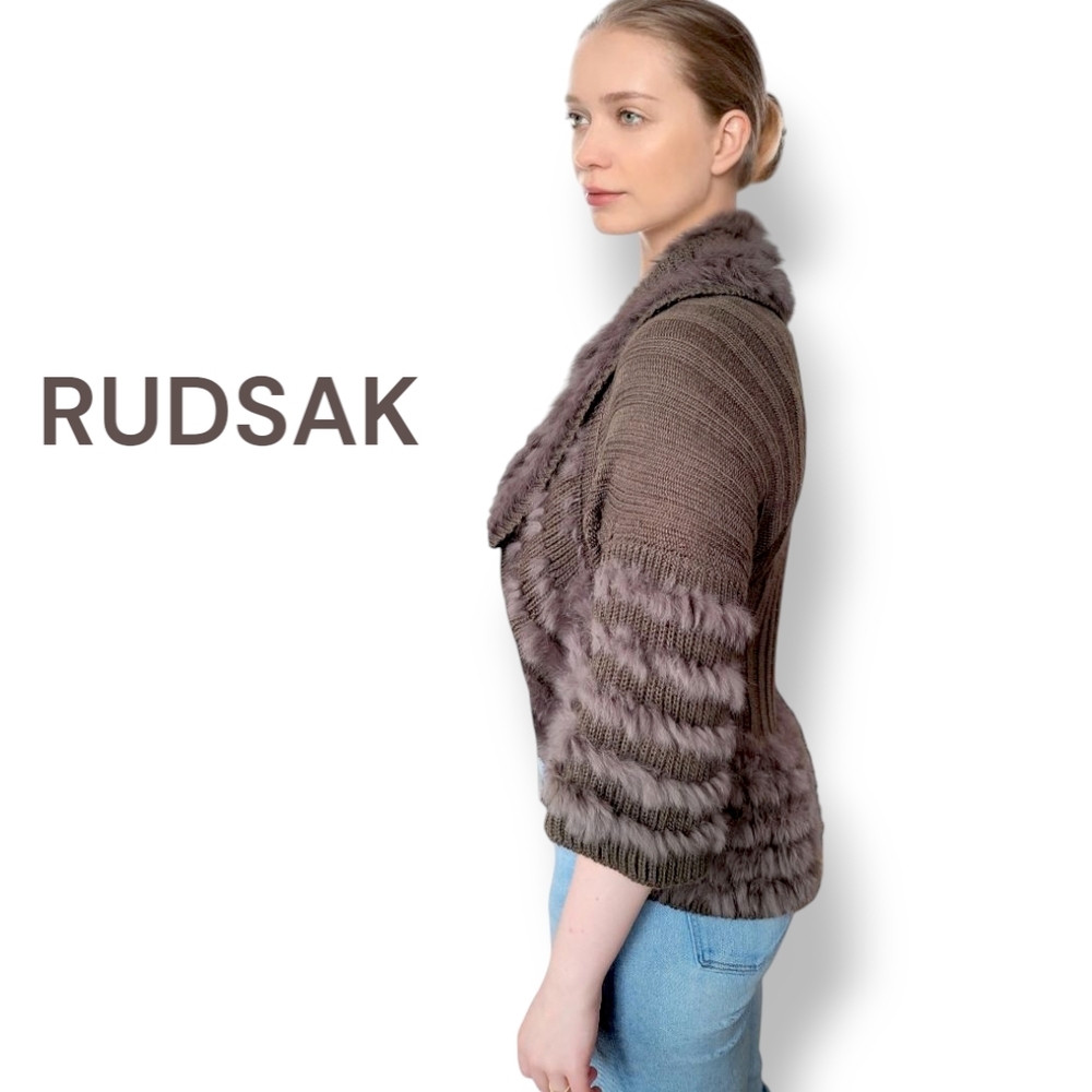 RUDSAK Rabbit Fur Trim Chocolate Brown Knit Cardigan